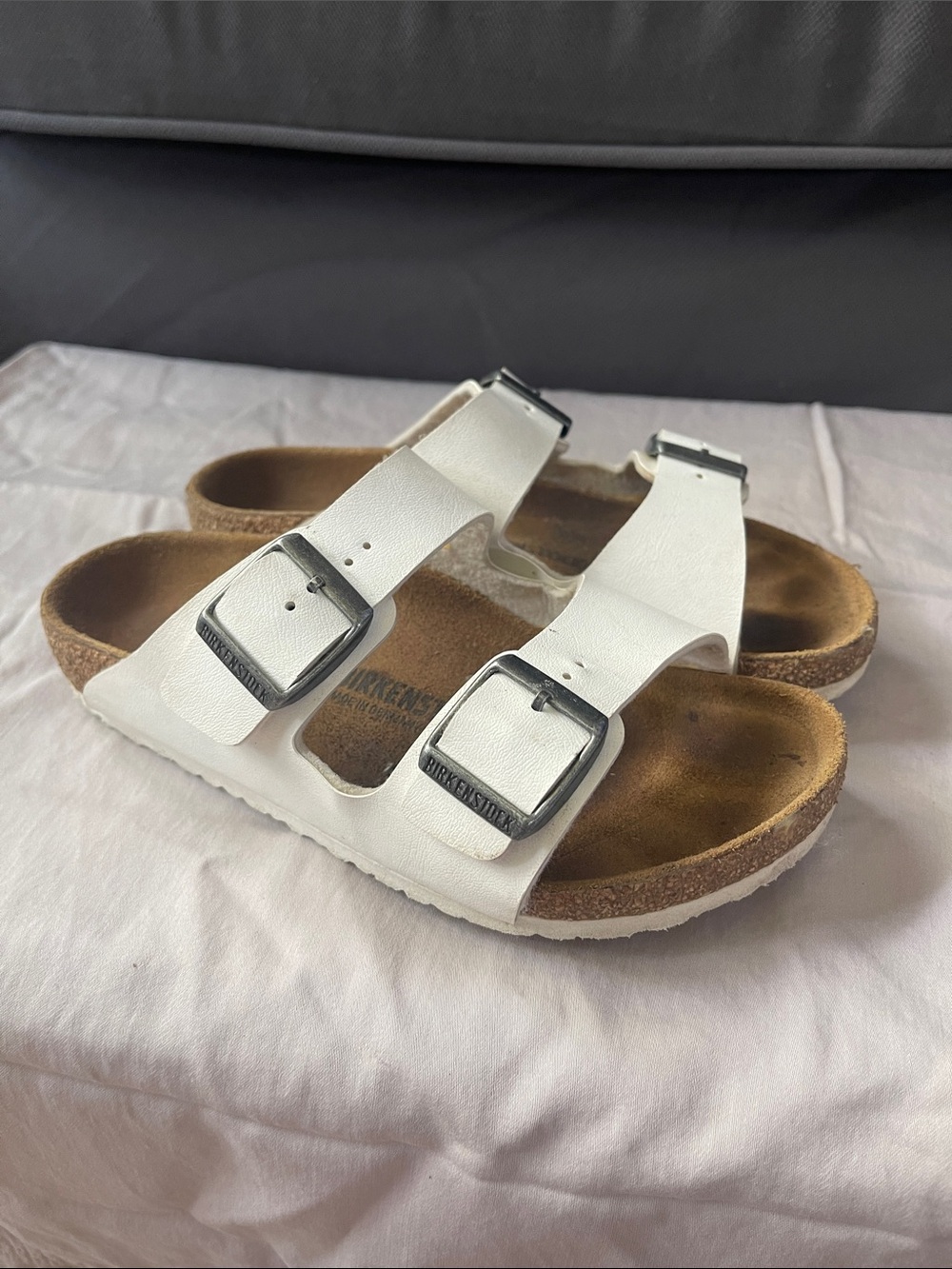 Birkenstock Kids White Arizona Two-Strap Sandal with Silver Buckles size 33